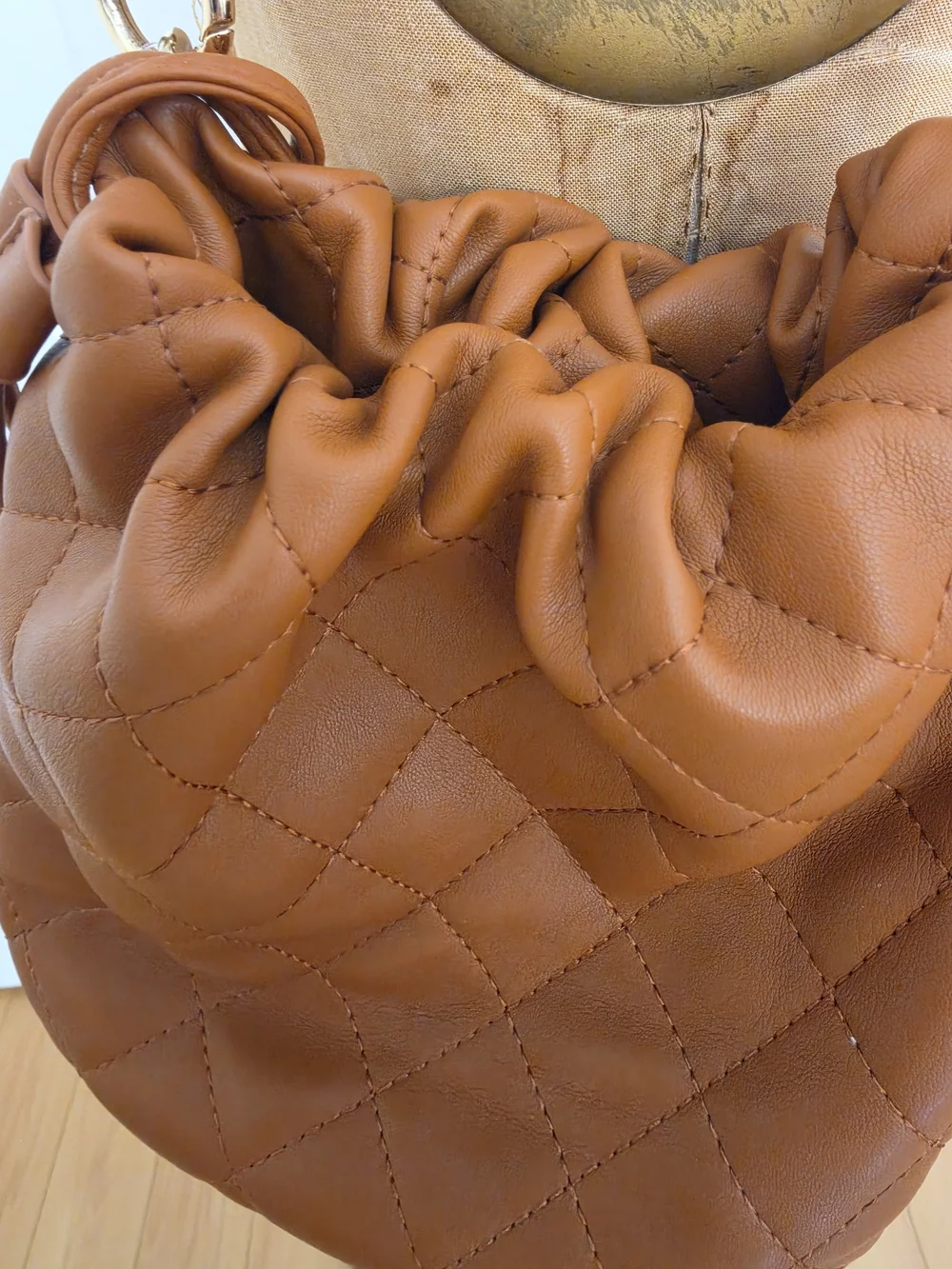 Source Unknown Quilted Drawstring Shoulder Bag - Brown with Gold Chain